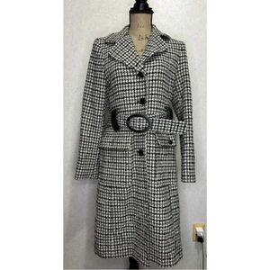 KENNETH COLE Vtg Women Wool Long Dress Coat Houndstooth Leather UKRAINE MADE Sz8